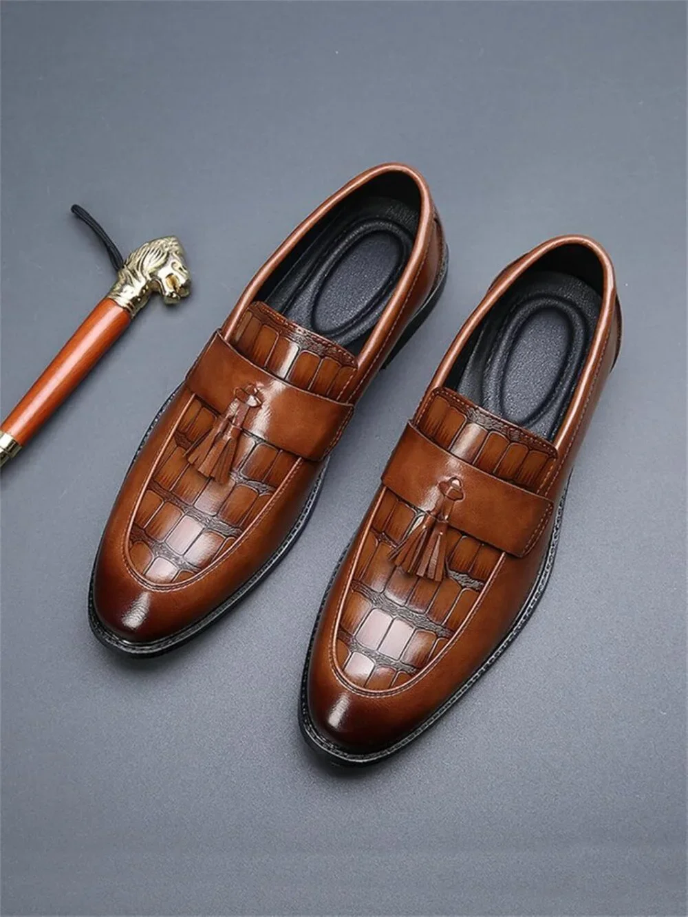 Men's Brown Crocodile Print Tassel Slip On Loafers Business Formal Dress Shoes